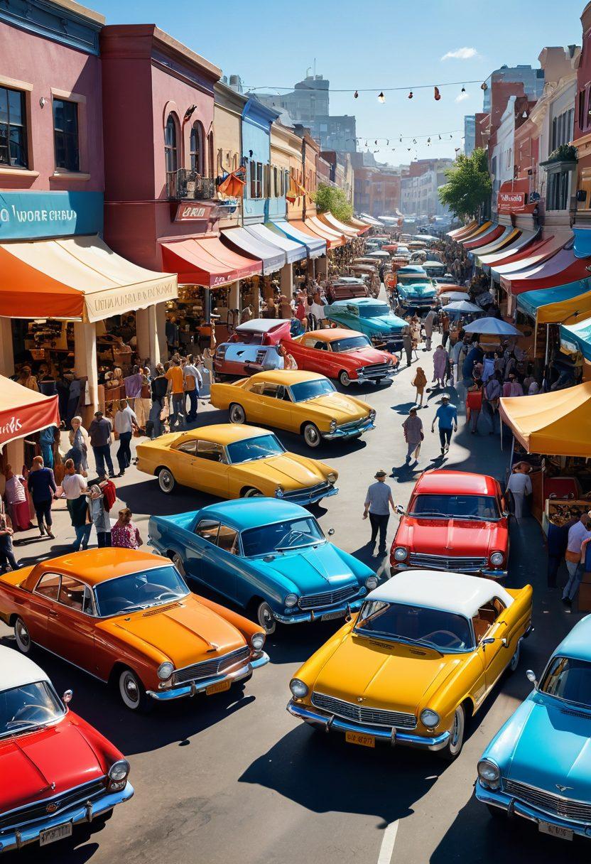 A joyful scene in an auto marketplace, filled with colorful and content automobiles, surrounded by happy enthusiasts exploring and interacting. Include various car models, vibrant banners, and cheerful people of diverse backgrounds, showcasing excitement and camaraderie. Bright sunlight illuminating the marketplace with a whimsical atmosphere. semi-realistic. vibrant colors. sunny day.