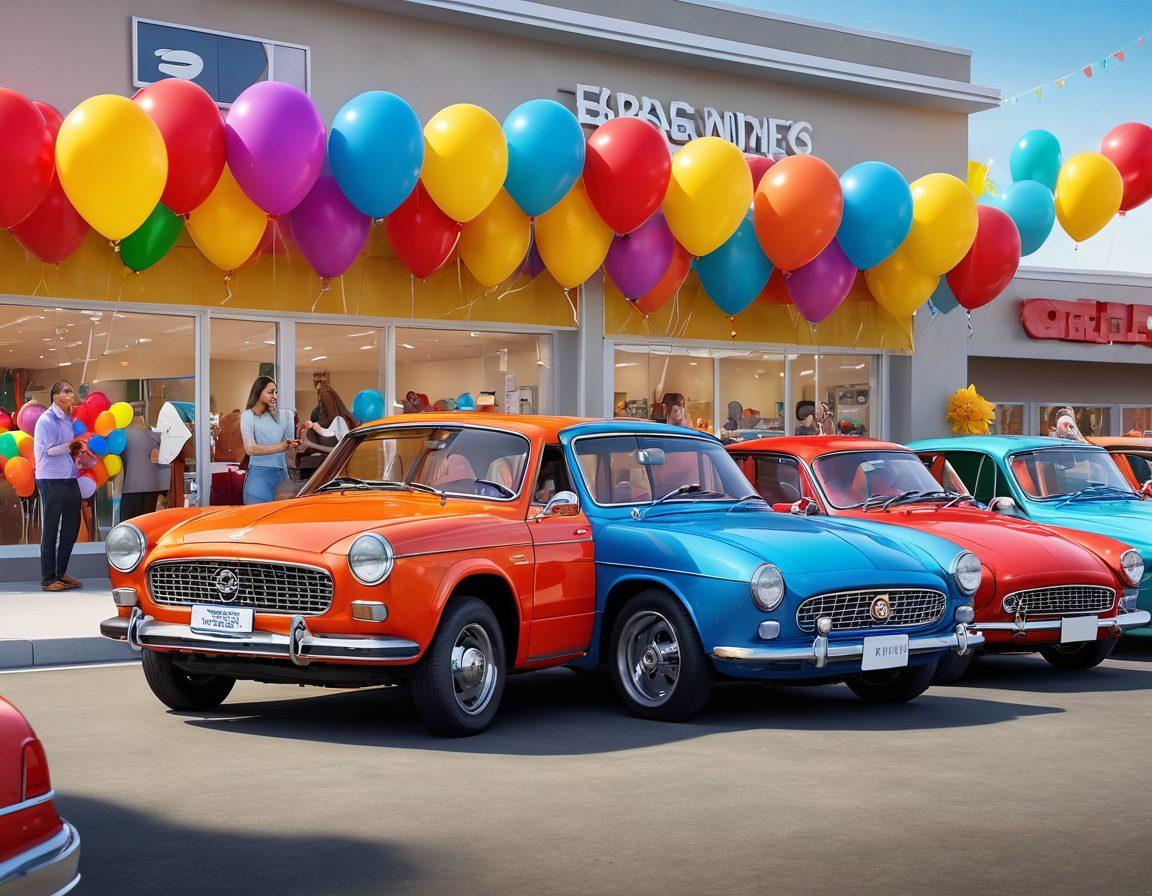 A cheerful car dealership setting, featuring smiling customers interacting with friendly sales representatives. Brightly colored cars on display, with balloons and banners that exude an atmosphere of joy and celebration. Include details like happy families taking test drives and kids playing nearby, highlighting the delightful experience. The scene should convey a sense of community and warmth. vibrant colors. super-realistic.