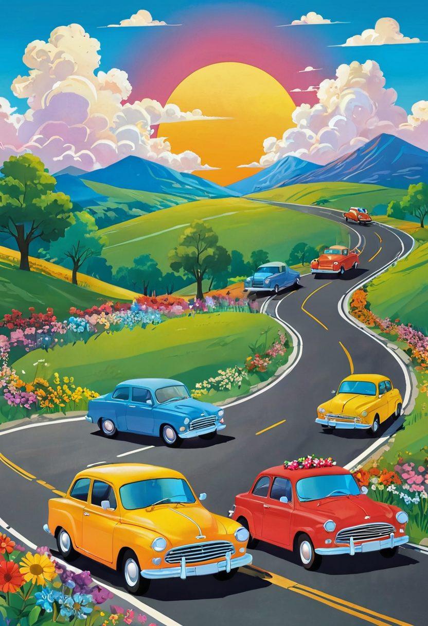 A whimsical scene of colorful, smiling cars driving along a sunny road decorated with vibrant flowers and cheerful clouds. The cars should have animated expressions of joy, with some playing together, while a brilliant sun casts a warm glow on the landscape. Include rolling hills in the background and playful trees on the roadside to enhance the cheerful atmosphere. cartoonish style. bright colors. sunny day.